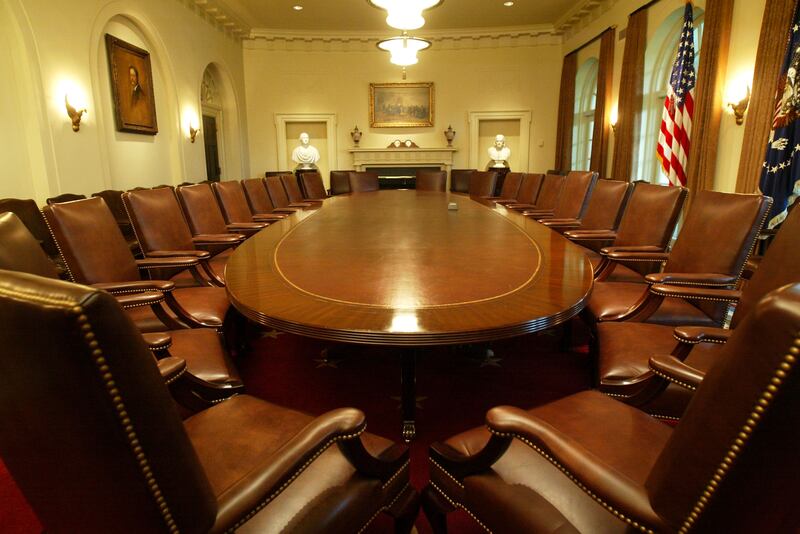 The decor of the Cabinet Room, photographed above in 2006, was much more subtle before Trump’s second term.