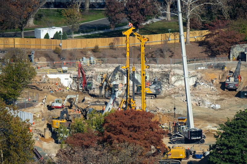 Construction crews continue to remove the East Wing of the White House and prepare for the new ballroom construction as seen from the newly reopened Washington Monument on November 14, 2025 in Washington, DC.