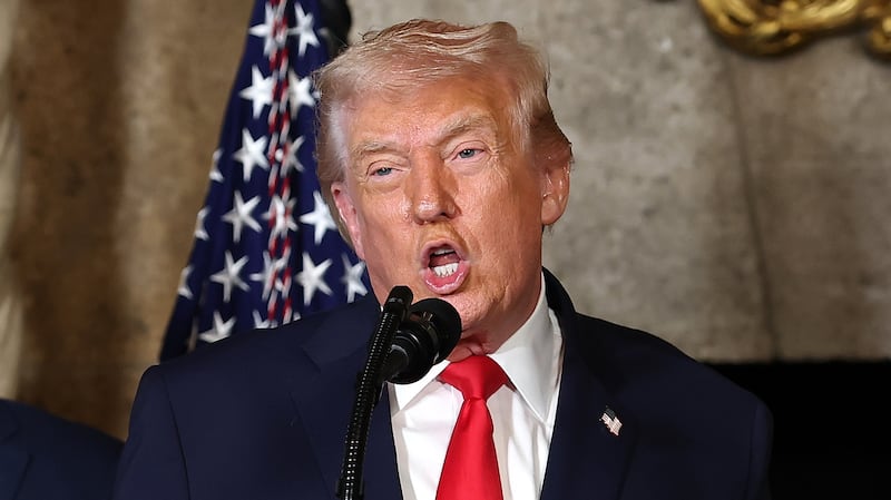 PALM BEACH, FLORIDA - DECEMBER 22: U.S. President Donald Trump, joined by Secretary of State Marco Rubio (L) and Secretary of War Pete Hegseth, announced the creation of the “Trump-class” battleship during a statement to the media at Trump’s Mar-a-Lago estate on December 22, 2025 in Palm Beach, Florida. Trump announced the new class of ship will become the centerpiece of his “Golden Fleet” program to rebuild and strengthen the U.S. shipbuilding industry. (Photo by Tasos Katopodis/Getty Images)