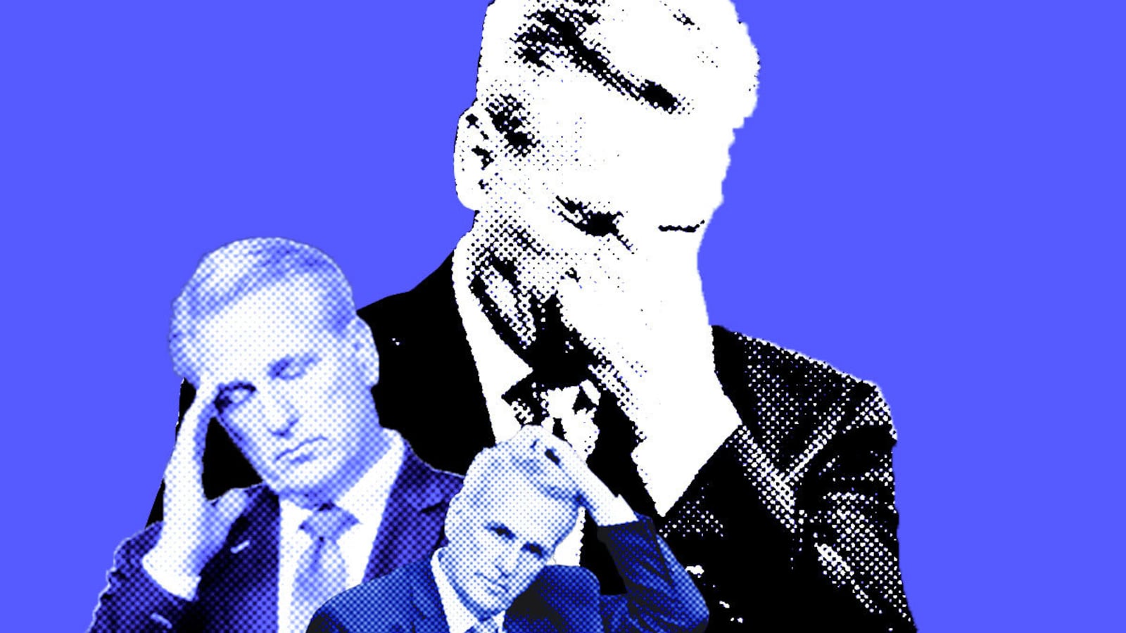A photo illustration of three images of Kevin McCarthy in states of distress in black and blue.