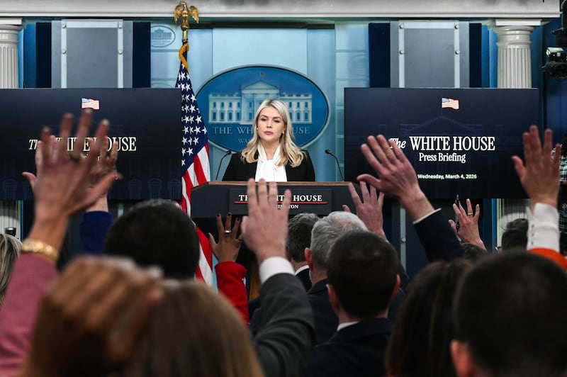 White House Press Secretary Karoline Leavitt speaks during a press briefing in the Brady Briefing Room of the White House in Washington, DC, on March 4, 2026. President Donald Trump will attend a ceremony marking the return of American troops killed during the war on Iran, Leavitt said Wednesday. (Photo by ANDREW CABALLERO-REYNOLDS / AFP via Getty Images)