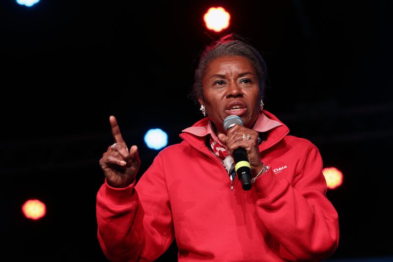 Republican gubernatorial nominee and Lt. Governor Winsome Earle-Sears speaks at a campaign rally at The Salisbury Center November 03, 2025 in Manassas, Virginia.