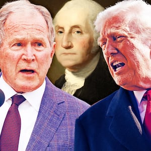 A photo illustration of George W. Bush, George Washington, and Donald Trump.