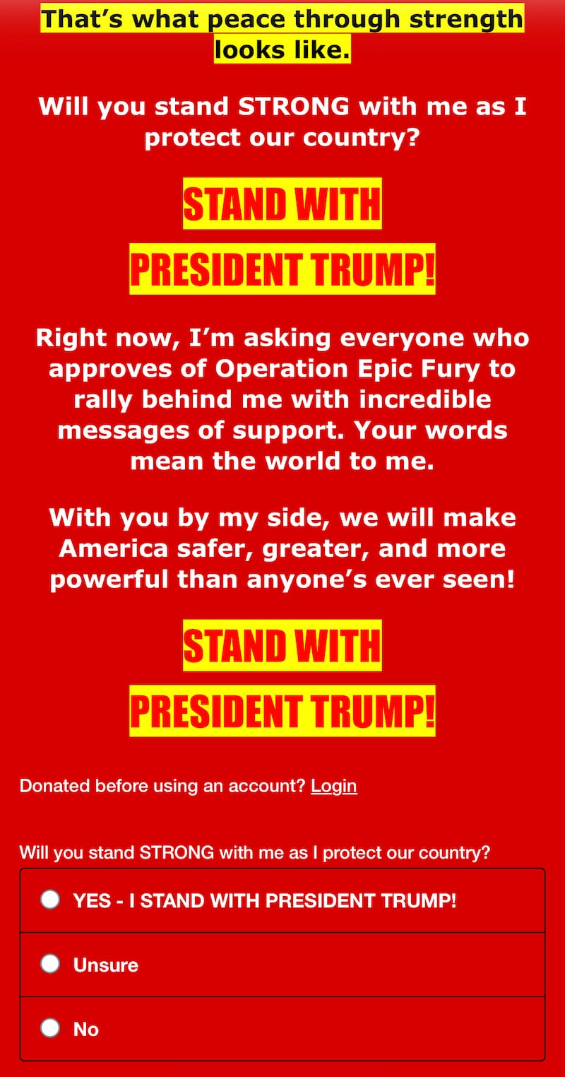 Donald Trump fundraising message US military strikes on Iran to ask for donations from supporters.