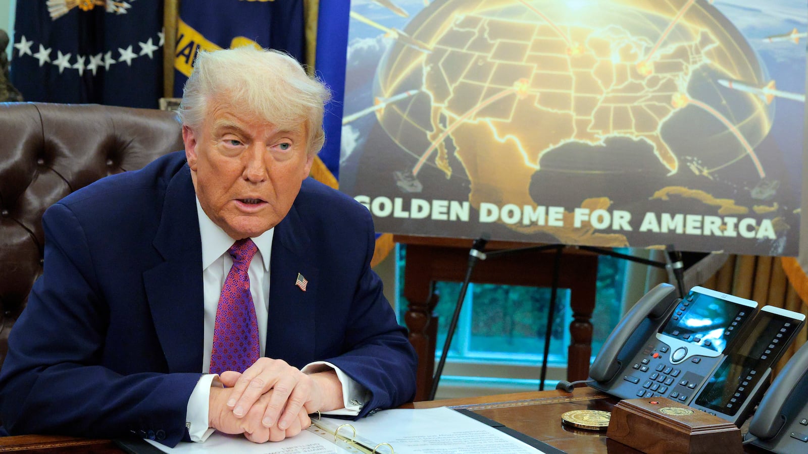 President Donald Trump speaks alongside Secretary of Defense Pete Hegseth in the Oval Office at the White House on May 20, 2025 in Washington, DC.