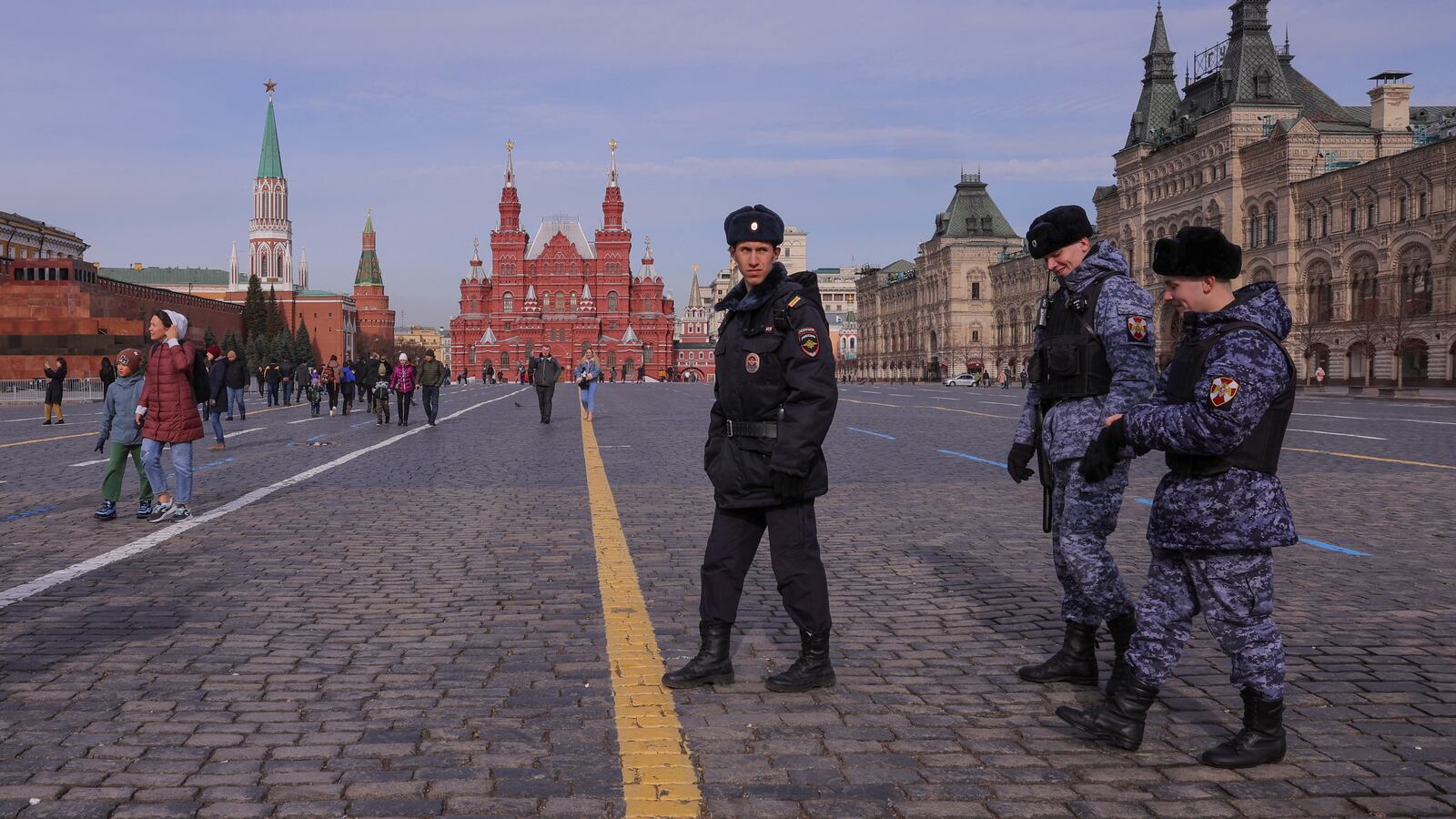 Russian law enforcement officers patrol Red Square in central Moscow, Russia, March 20, 2023.