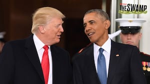 President Barack Obama welcomes President-elect Donald Trump to the White House in Washington, DC on January 20, 2017.