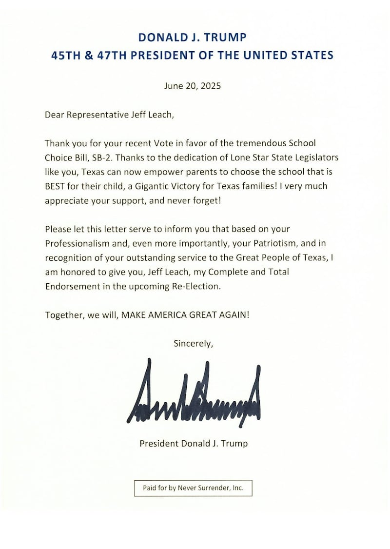 Jeff Leach’s endorsement from Trump last year.