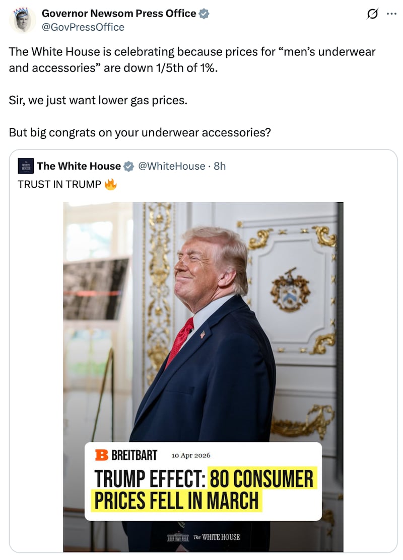 Governor Newsom Press Office post reads: "The White House is celebrating because prices for “men’s underwear and accessories” are down 1/5th of 1%. Sir, we just want lower gas prices. But big congrats on your underwear accessories?"