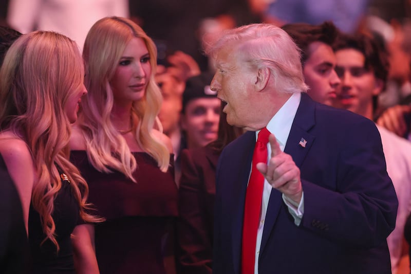 Ivanka Trump and U.S. President Donald Trump attend UFC 327 at Kaseya Center on April 11, 2026 in Miami, Florida. The main event of UFC 327 is the light heavyweight match between Jiri Prochazka and Carlos Ulberg.