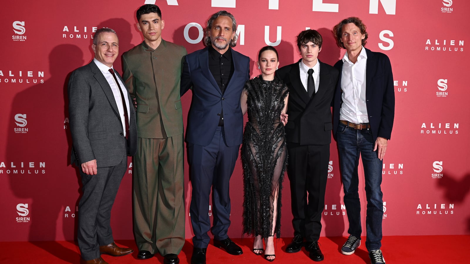 Steve Asbell, Archie Renaux, Fede Álvarez, Cailee Spaeny, Spike Fearn and Jan Koeppen at an event for “Alien: Romulus.”