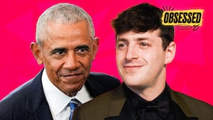 A photo illustration of Barack Obama and Alex Edelman for Obsessed podcast.