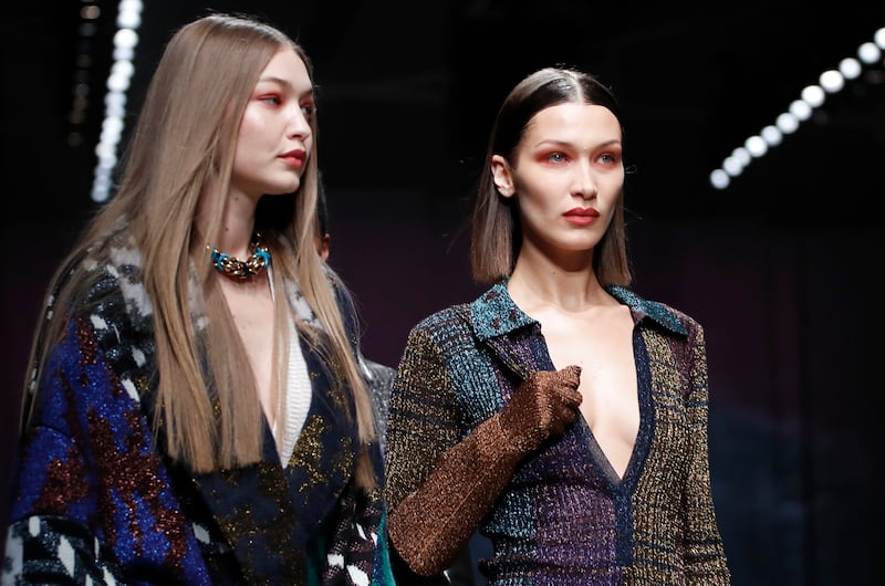 Models Gigi Hadid and Bella Hadid present a creation from the Missoni Autumn/Winter 2020 collection during Milan Fashion Week in Milan, Italy, February 22, 2020.