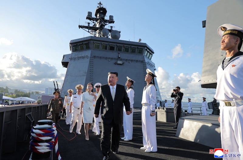 Kim Jong Un tours a rebuilt warship earlier this month.