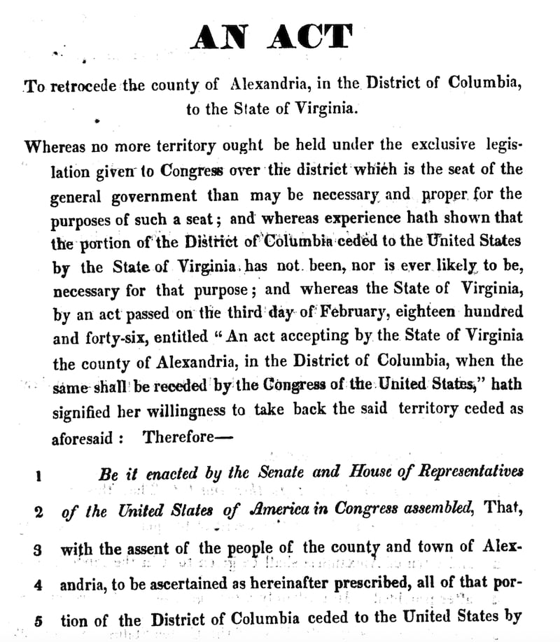 The original text of the act giving D.C. its modern borders. Credit: Library of Congress.