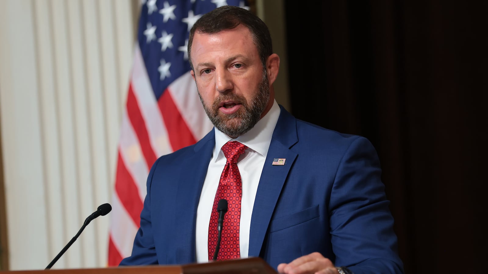 Secretary of Homeland Security Markwayne Mullin held a press conference on July 17, 2026 in Washington, DC to discuss election security ahead of the midterms where he threatened blue states ahead of the midterms.