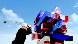 Donald Trump whacking a stack of shipping containers full of imports with his golf club.