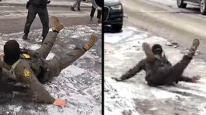 ICE agent slips over