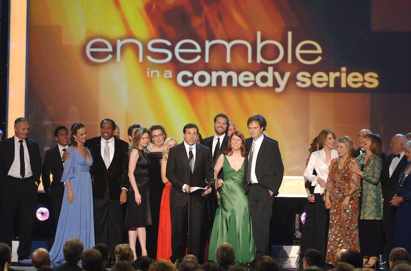Steve Carell (center) and fellow cast members of "The Office," winners Outstanding Performance by an Ensemble in a Comedy Series
