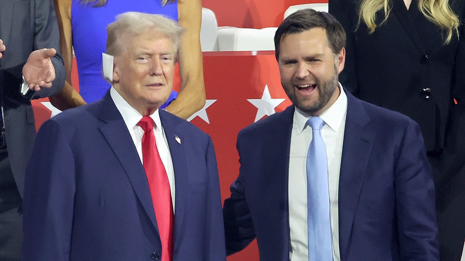 MILWAUKEE, WI JULY 15, 2024 -- Former US President Donald Trump, left, and J.D. Vance during the first day of the Republican National Convention at Milwaukee, WI on Monday, July 15, 2024. (Jason Armond / Los Angeles Times via Getty Images)