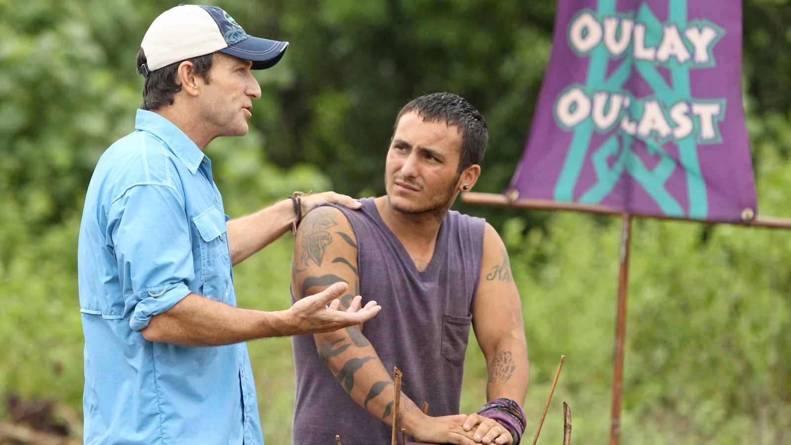 "Survivor:" host Jeff Probst speaks with contestant Brandon Hantz during fillimg of the fifth episode of "Survivor: Caramoan."