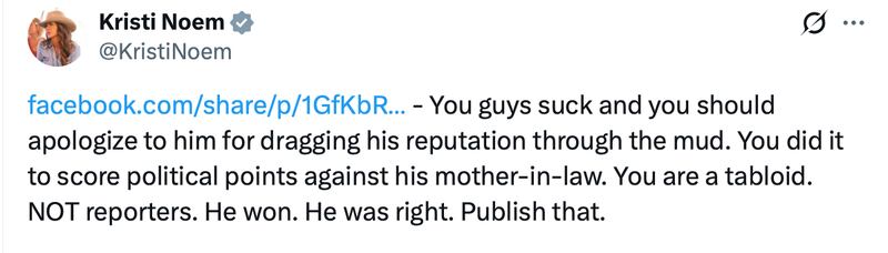 Kristi Noem defends her son-in-law on X.