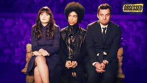 A photo illustration of Zooey Deschanel, music royalty Prince and Jake Johnson in the "Prince" episode from 2014.