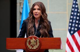 GUATEMALA CITY, GUATEMALA - JUNE 26: U.S. Homeland Security Secretary Kristi Noem delivers remarks before signing a memorandum of understanding on a joint security program agreement with Guatemala Minister of Governance Francisco Jimenez at the Palacio Nacional de la Cultura on June 26, 2025 in Guatemala City, Guatemala. Noem is completing her trip across several Central American countries today where she has met with political leaders and heard about immigration programs and facilities supported by the U.S. Department of Homeland Security, with a focus on U.S. security cooperation initiatives in the region. (Photo by Anna Moneymaker/Getty Images)