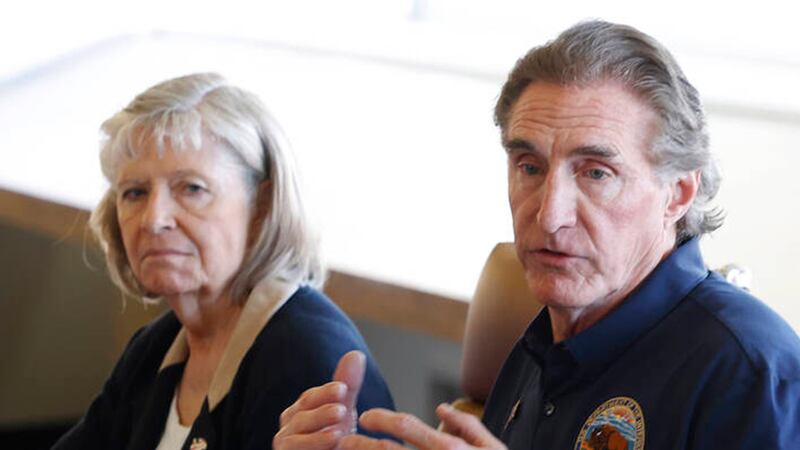 U.S. Secretary of the Interior Doug Burgum, center, speaks during a roundtable discussion on outdoor recreation and grazing on public land, and advancing responsible land management, as Karen Budd-Falen, left, an adviser to Burgum, and Jon Raby, second right, director of the Bureau of Land Management's Nevada office, look on at the Red Rock Canyon Visitor Center on Tuesday, April 7, 2026, in Las Vegas. (Bizuayehu Tesfaye/Las Vegas Review-Journal/Tribune News Service via Getty Images)