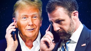 A photo illustration of Donald Trump and Markwayne Mullin on the phone.