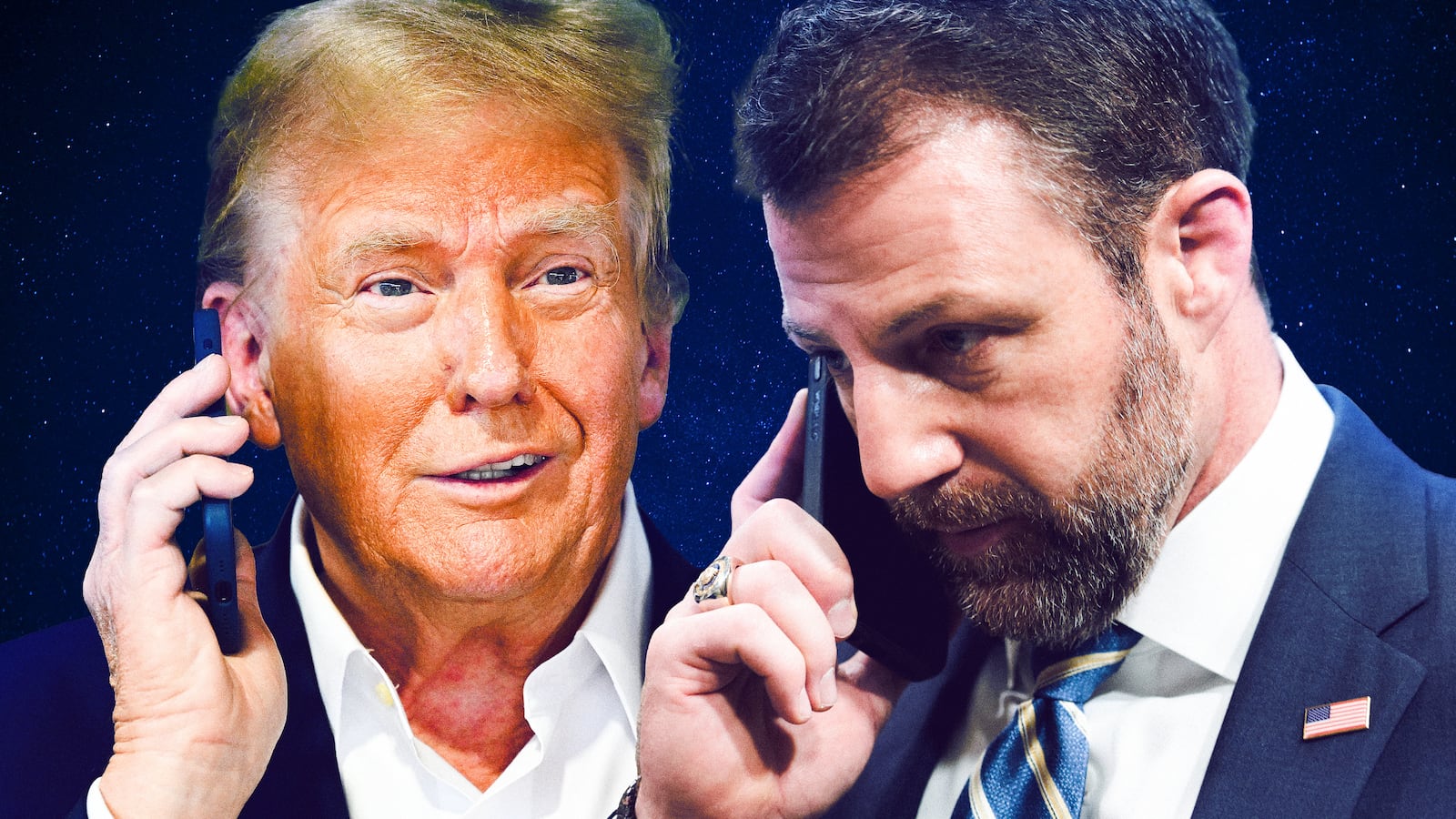 A photo illustration of Donald Trump and Markwayne Mullin on the phone.
