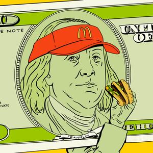 $100 bill featuring Benjamin Franklin wearing a McDonalds visor eating a big mic
