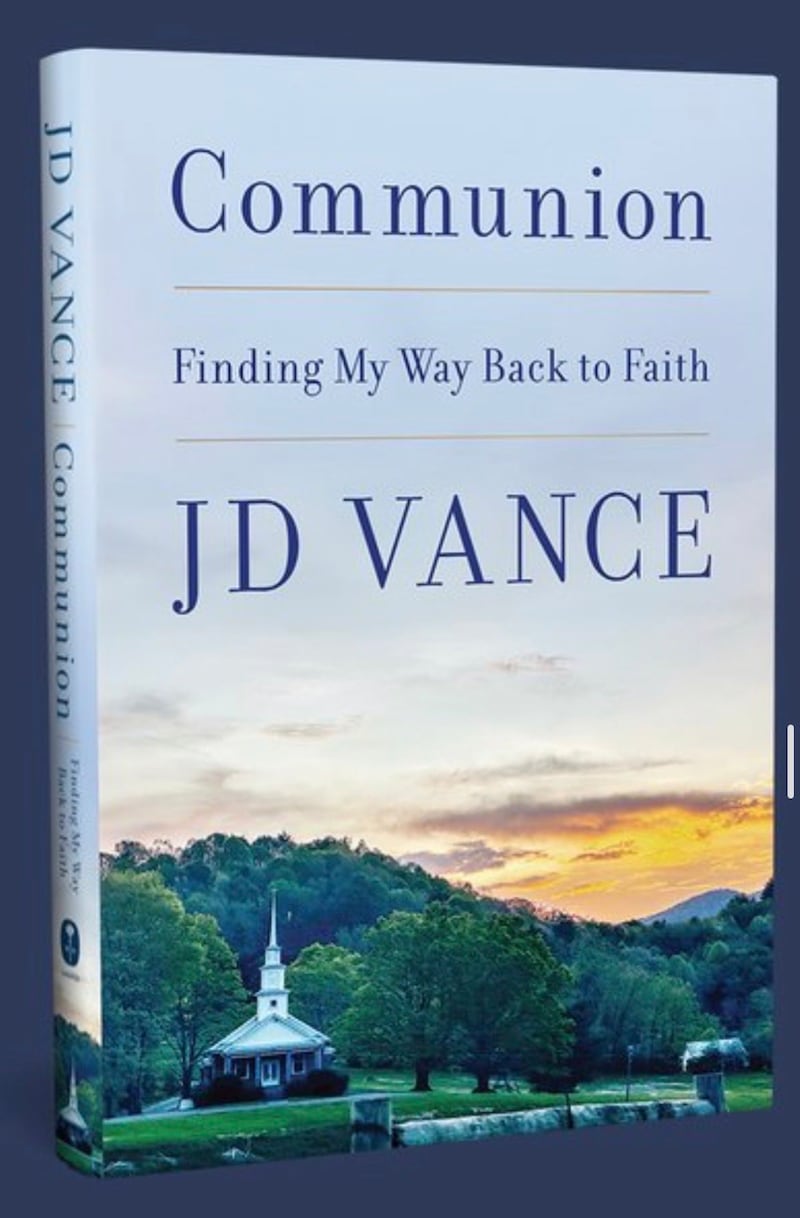 The cover of JD Vance's book about Catholicism... featuring a Methodist church.