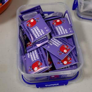 Condoms are seen inside the Athletes' Village ahead of the Paris Olympic Games on July 23, 2024 in Paris, France.