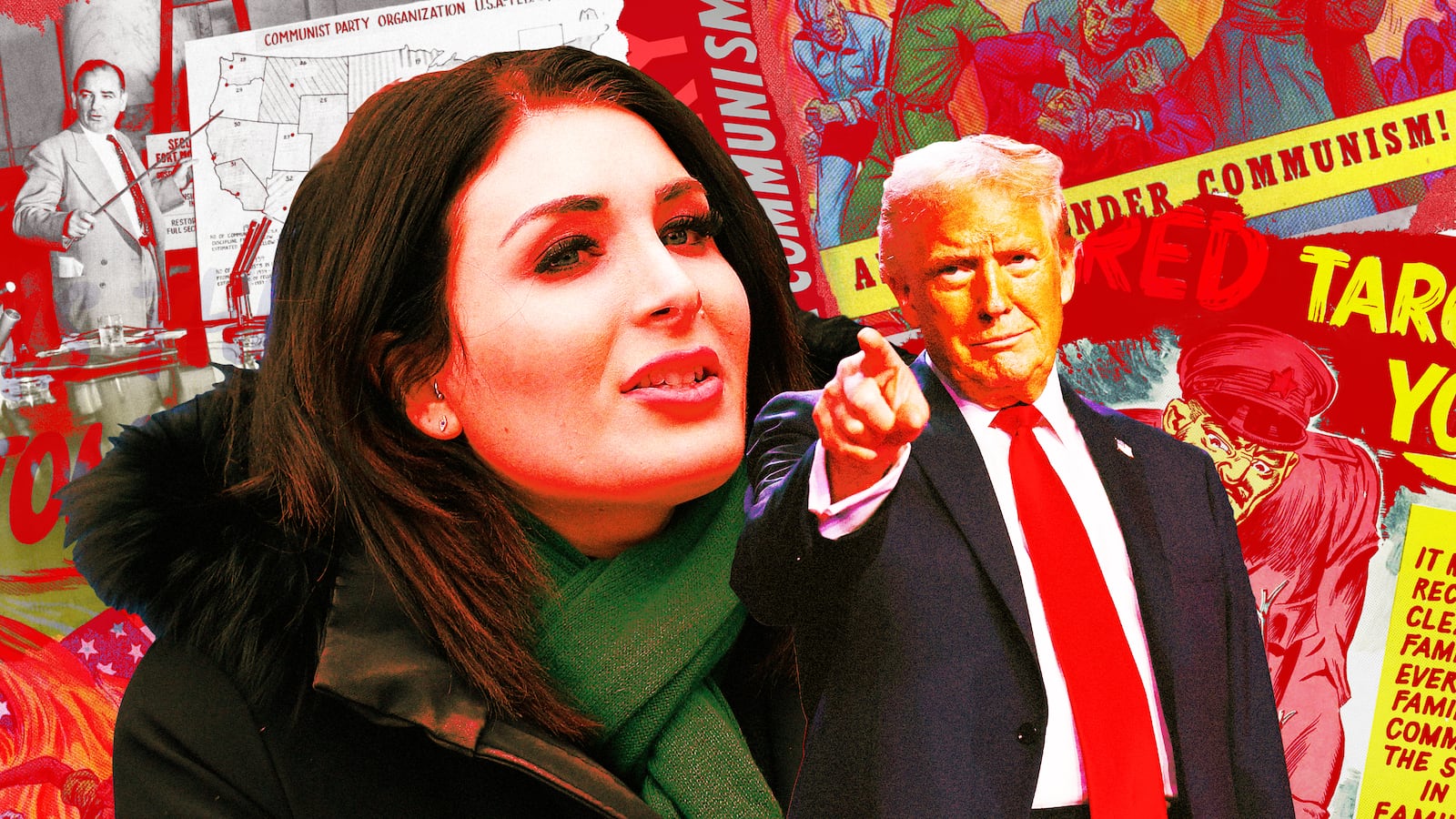 A photo illustration of Laura Loomer, Donald Trump, and red scare anti-communist propaganda.