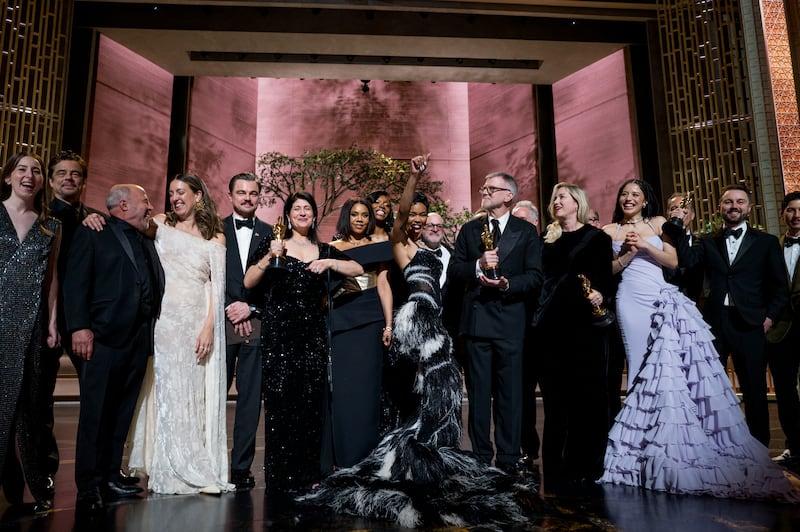 The cast and crew of Best Picture winner "One Battle After Another" pose during the 98th Annual Oscars at Dolby Theatre on March 15, 2026, in Hollywood, California.