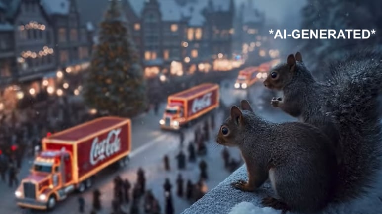 A screenshot of AI squirrels watching AI Coca-Cola trucks drive past a Christmas tree.