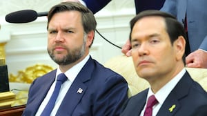 Vice President JD Vance (C) and U.S. Secretary of State Marco Rubio look on during a meeting between U.S. President Donald Trump and Canadian Prime Minister Mark Carney in the Oval Office of the White House on October 07, 2025 in Washington, DC.