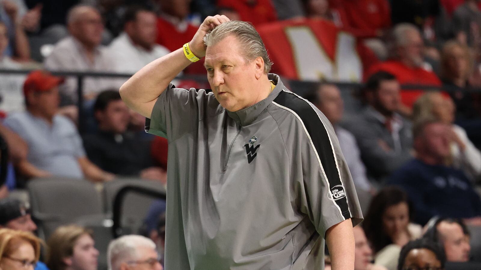 West Virginia Mountaineers head coach Bob Huggins reacts against the Maryland Terrapins during the first half in the first round of the 2023 NCAA Tournament at Legacy Arena.