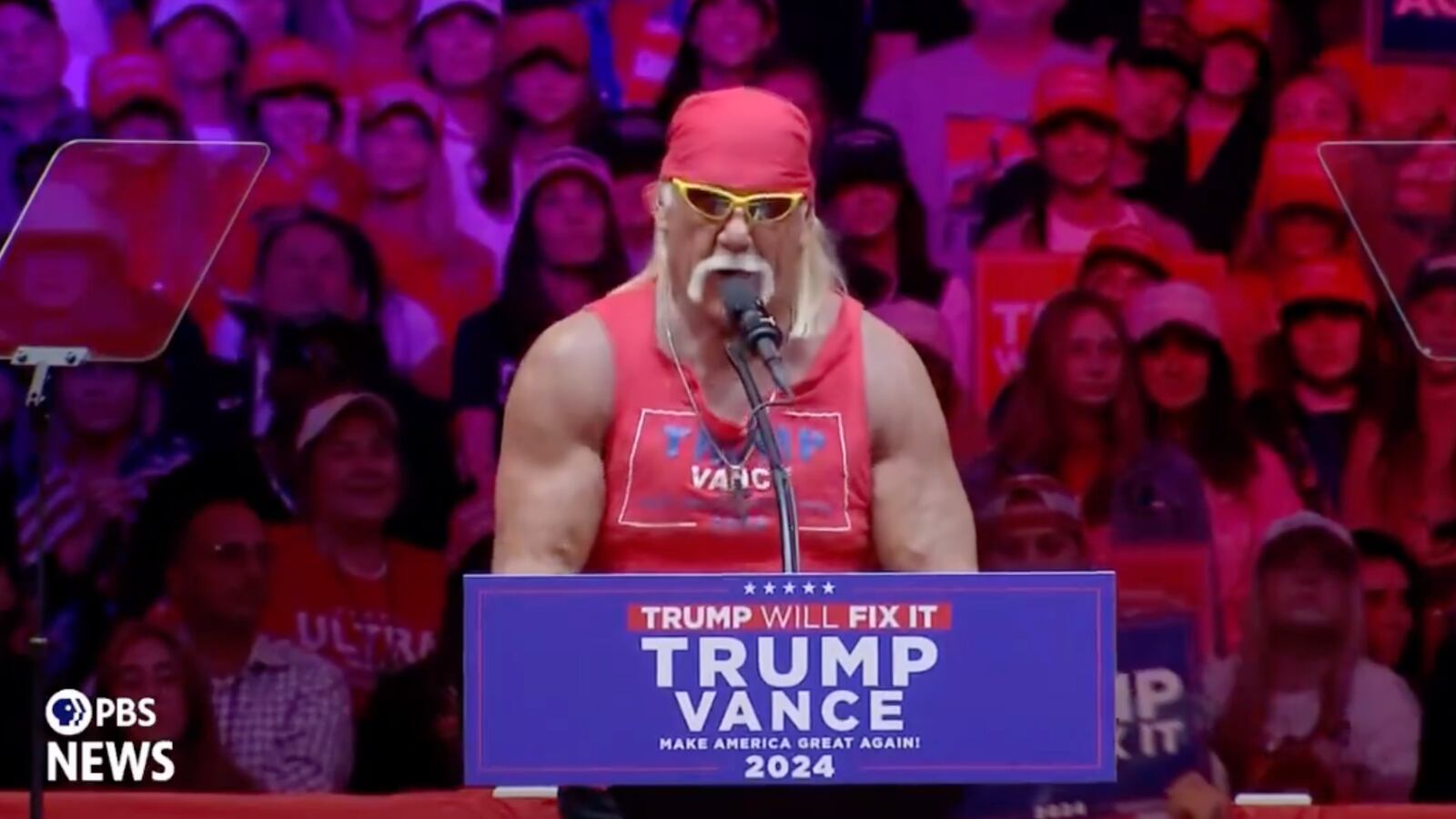 Hulk Hogan speaks at Donald Trump's Madison Square Garden rally in New York City on October 27, 2024.