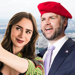 A photo illustration of Lily Collins in Emily in Paris and JD Vance.