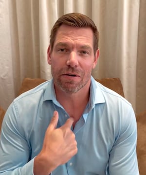 Eric Swalwell addresses the camera in a video on his social media channels.