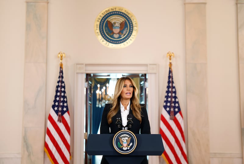 WASHINGTON, DC - OCTOBER 10: First lady Melania Trump delivers remarks in the Grand Foyer at the White House on October 10, 2025 in Washington, DC. The first lady announced she and Russian President Vladimir Putin have an "open channel of communication" to help reunite Ukrainian children displaced by the Russian-Ukraine war with their families. (Photo by Kevin Dietsch/Getty Images)