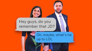Second lady Usha Vance and Vice President JD Vance and text bubbles.