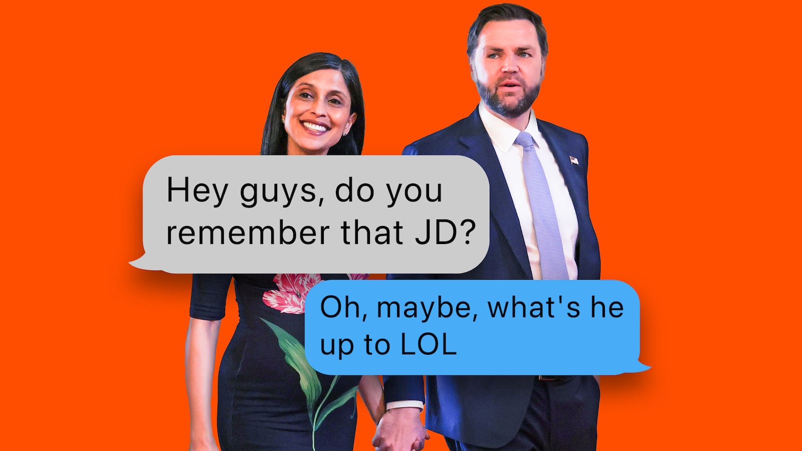 Second lady Usha Vance and Vice President JD Vance and text bubbles.