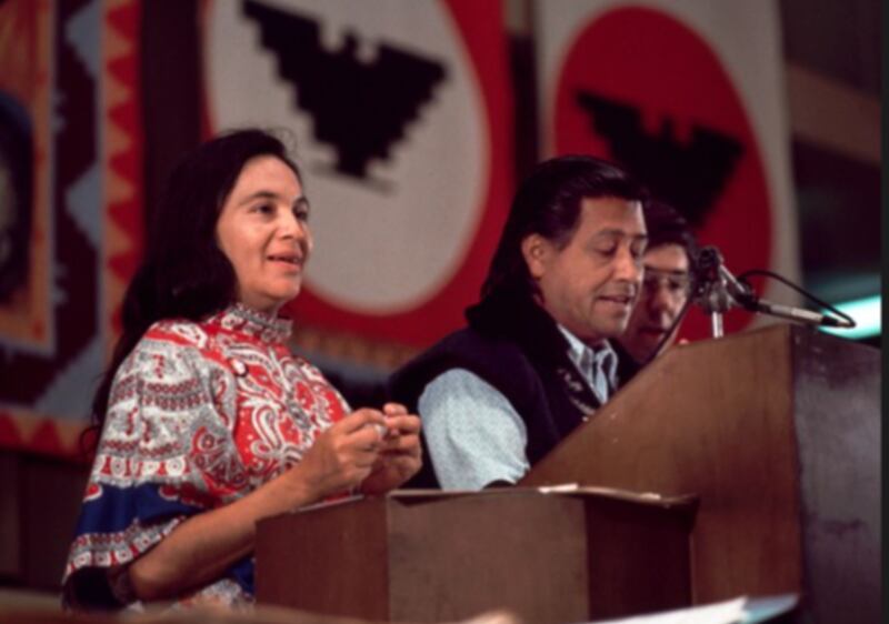 Dolores Huerta next to Cesar Chavez at the 1973 United Farm Workers Union founding convention in Fresno, CA.