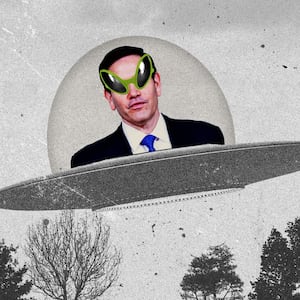 Marco Rubio wearing UFO glasses in a flying saucer