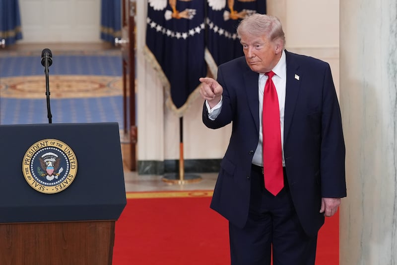 U.S. President Donald Trump acknowledges those in attendance after speaking from the Cross Hall of the White House on April 1, 2026 in Washington, DC.