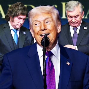 A photo illustration of Javier Milei, Donald Trump, and Viktor Orbán at the meeting of the Board of Peace.