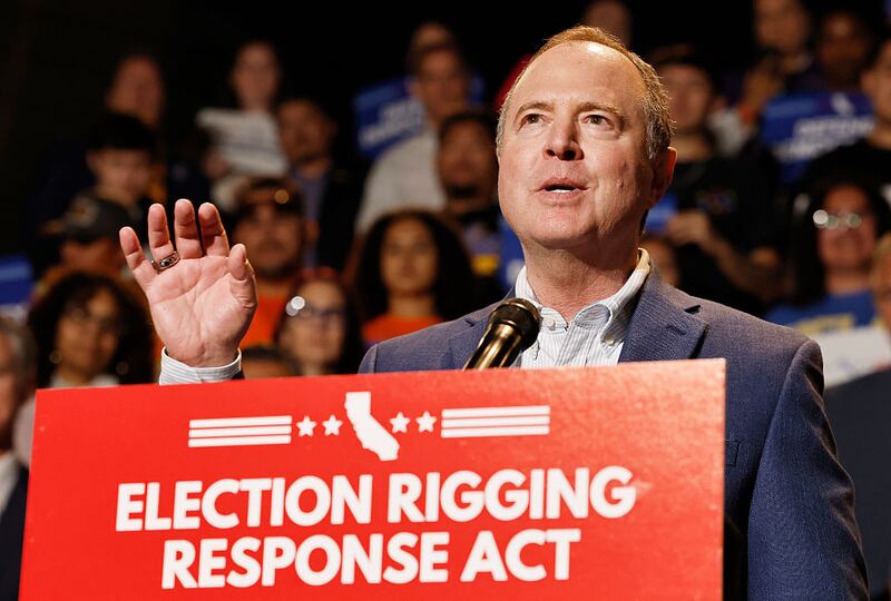 U.S. Sen. Adam Schiff (D-CA) speaks about the “Election Rigging Response Act” at a press conference at the Democracy Center, Japanese American National Museum on August 14, 2025 in Los Angeles, California. Newsom spoke about a possible California referendum on redistricting to counter the legislative effort to add five Republican House seats in the state of Texas. (Photo by Mario Tama/Getty Images)